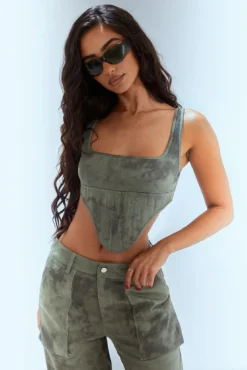 Petite Green Acid Wash Corset Top