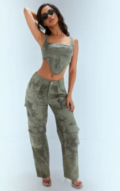 Petite Green Acid Wash Pocket Detail Cargos