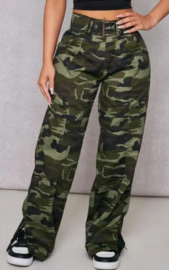 Petite Green Camo Print Buckle Front Cargo Pants