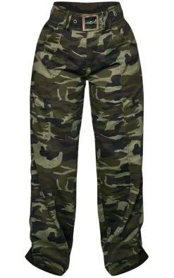 Petite Green Camo Print Buckle Front Cargo Pants