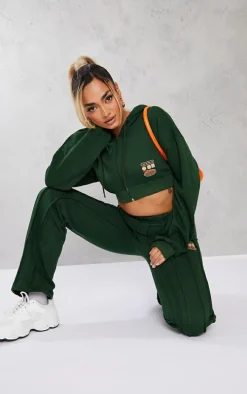 Petite Green Cropped Zip-up Graphic Detail Drawstring Hoodie