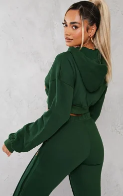Petite Green Cropped Zip-up Graphic Detail Drawstring Hoodie