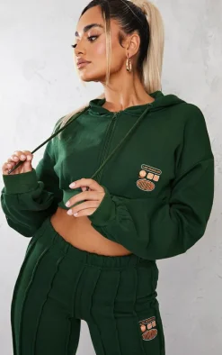 Petite Green Cropped Zip-up Graphic Detail Drawstring Hoodie