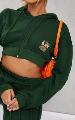 Petite Green Cropped Zip-up Graphic Detail Drawstring Hoodie