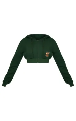 Petite Green Cropped Zip-up Graphic Detail Drawstring Hoodie
