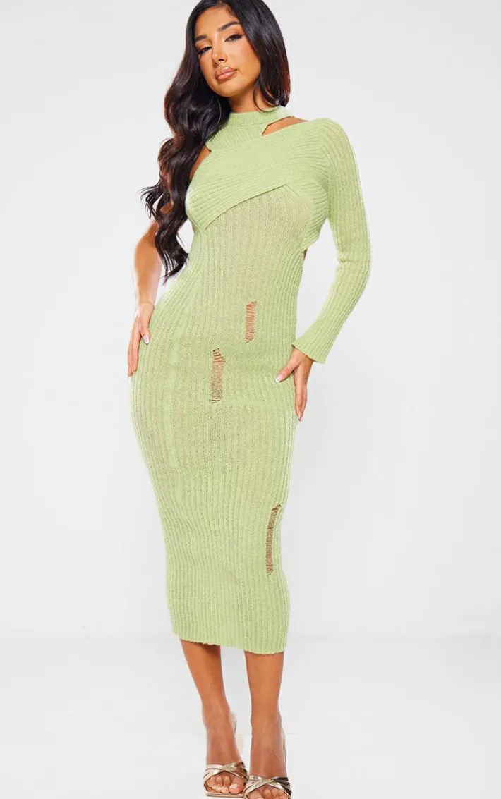 Petite Green Cut-out One Sleeve Knitted Midaxi Dress