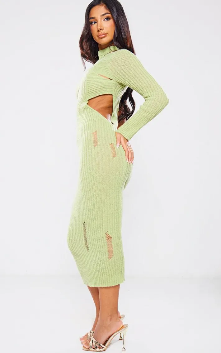 Petite Green Cut-out One Sleeve Knitted Midaxi Dress