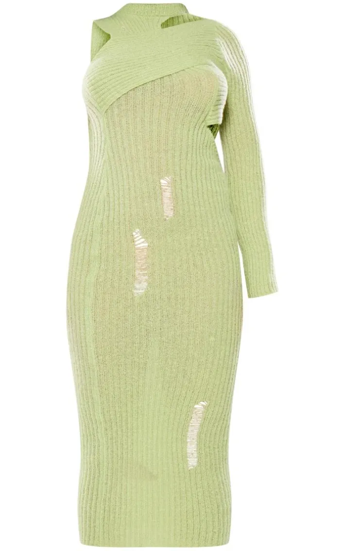 Petite Green Cut-out One Sleeve Knitted Midaxi Dress
