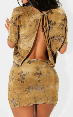 Petite Green Devore Asymmetric Open Back Mini Dress