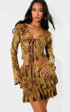 Petite Green Devore Long Sleeve Tie Front Crop Top