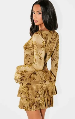 Petite Green Devore Long Sleeve Tie Front Crop Top