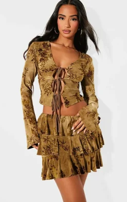 Petite Green Devore Ruffle Mini Skirt