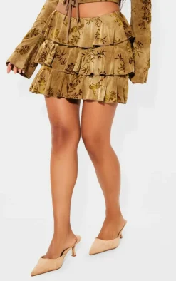 Petite Green Devore Ruffle Mini Skirt