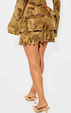 Petite Green Devore Ruffle Mini Skirt