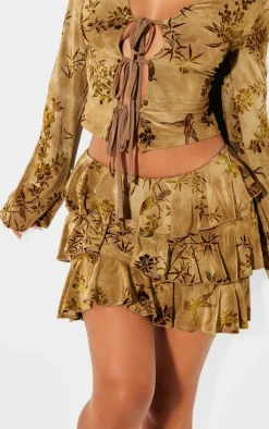 Petite Green Devore Ruffle Mini Skirt