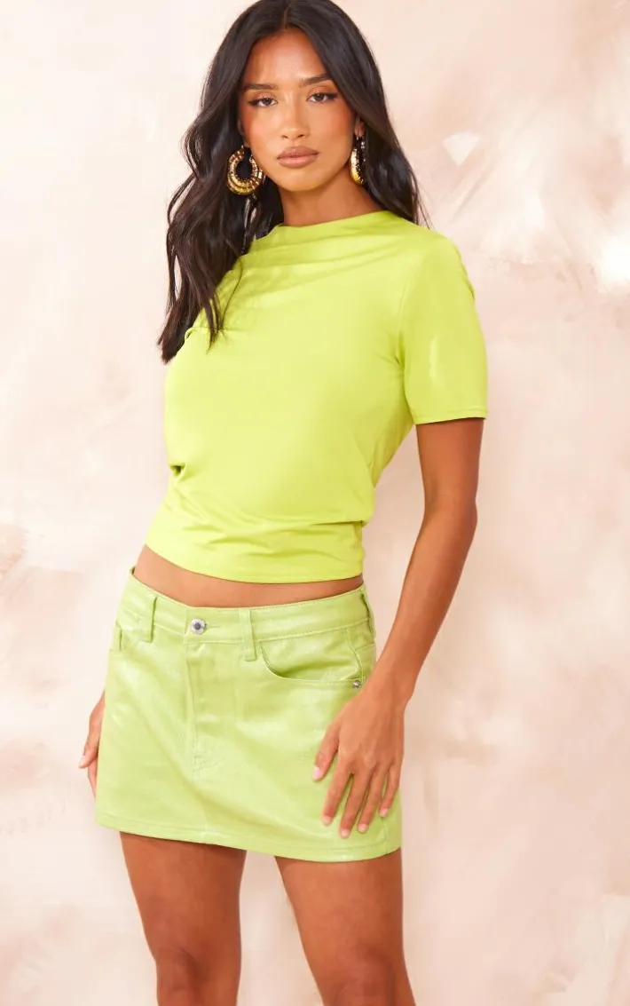 Petite Green Metallic Coated Denim Mini Skirt