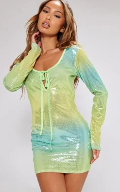 Petite Green Ombre Sequin Long Sleeve Mini Dress