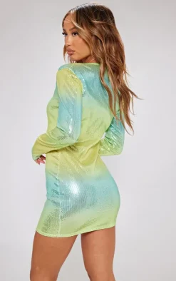 Petite Green Ombre Sequin Long Sleeve Mini Dress