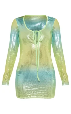 Petite Green Ombre Sequin Long Sleeve Mini Dress