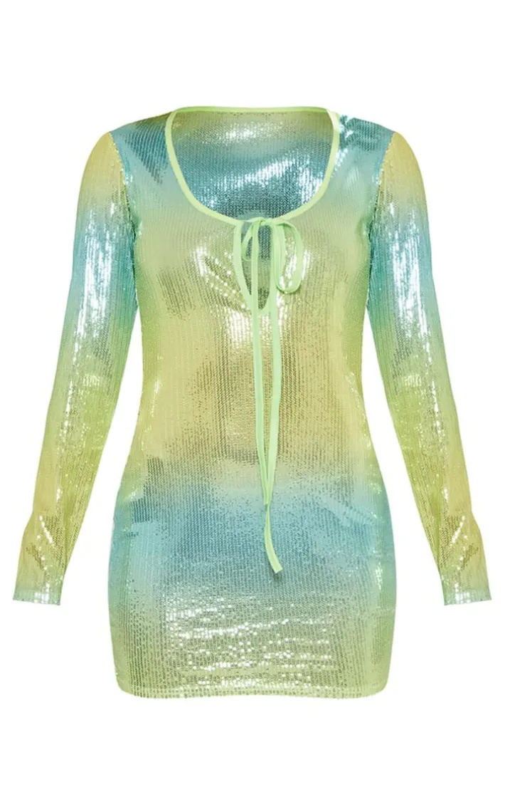 Petite Green Ombre Sequin Long Sleeve Mini Dress