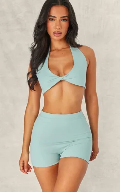 Petite Green Snatched Sculpt Halterneck Twist Front Crop Top