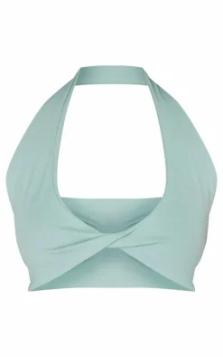 Petite Green Snatched Sculpt Halterneck Twist Front Crop Top