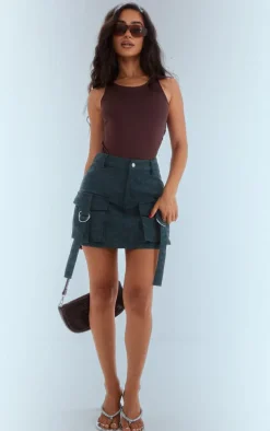 Petite Green Washed Faux Leather Pocket Cargo Mini Skirt