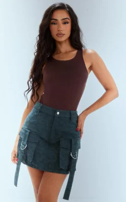 Petite Green Washed Faux Leather Pocket Cargo Mini Skirt