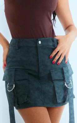 Petite Green Washed Faux Leather Pocket Cargo Mini Skirt