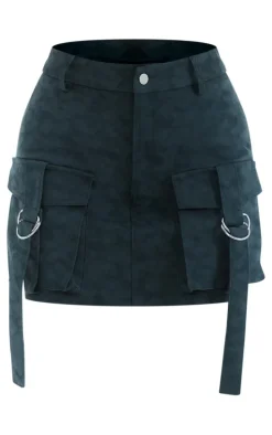 Petite Green Washed Faux Leather Pocket Cargo Mini Skirt