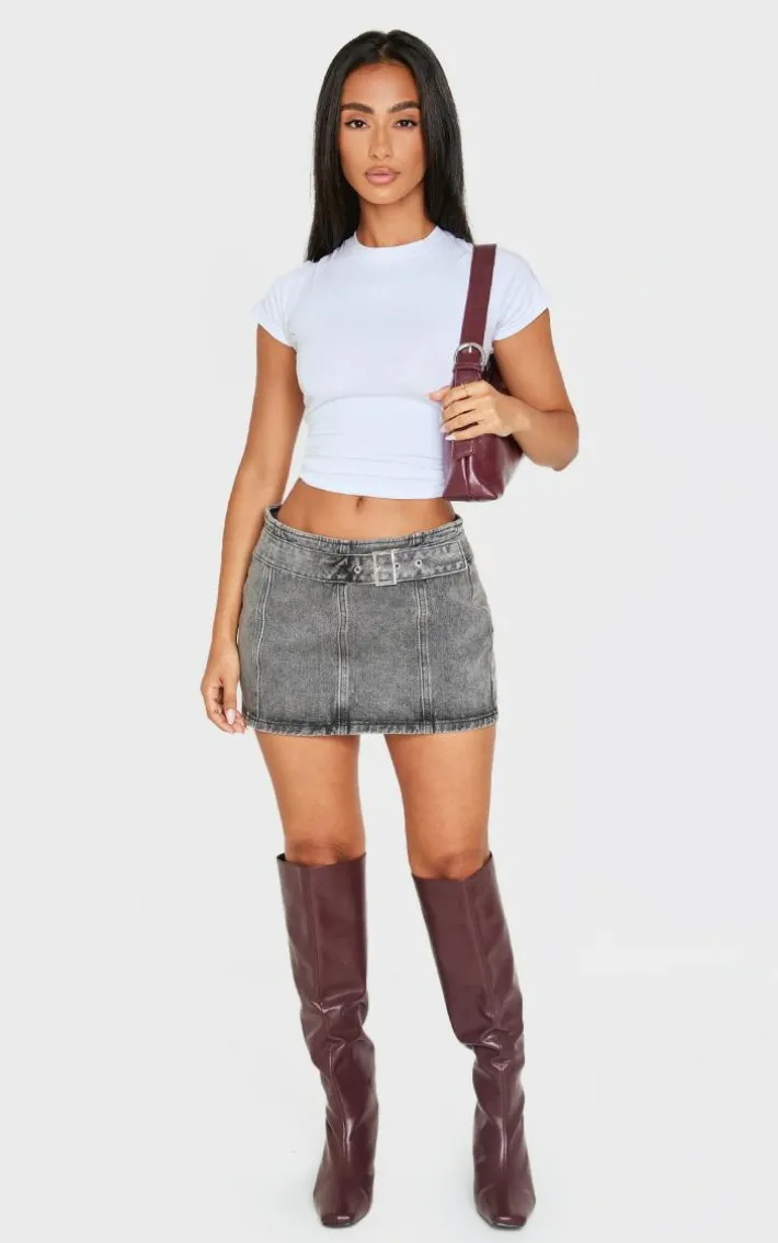 Petite Grey Acid Wash Denim Buckle Detail Mini Skirt