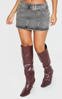 Petite Grey Acid Wash Denim Buckle Detail Mini Skirt
