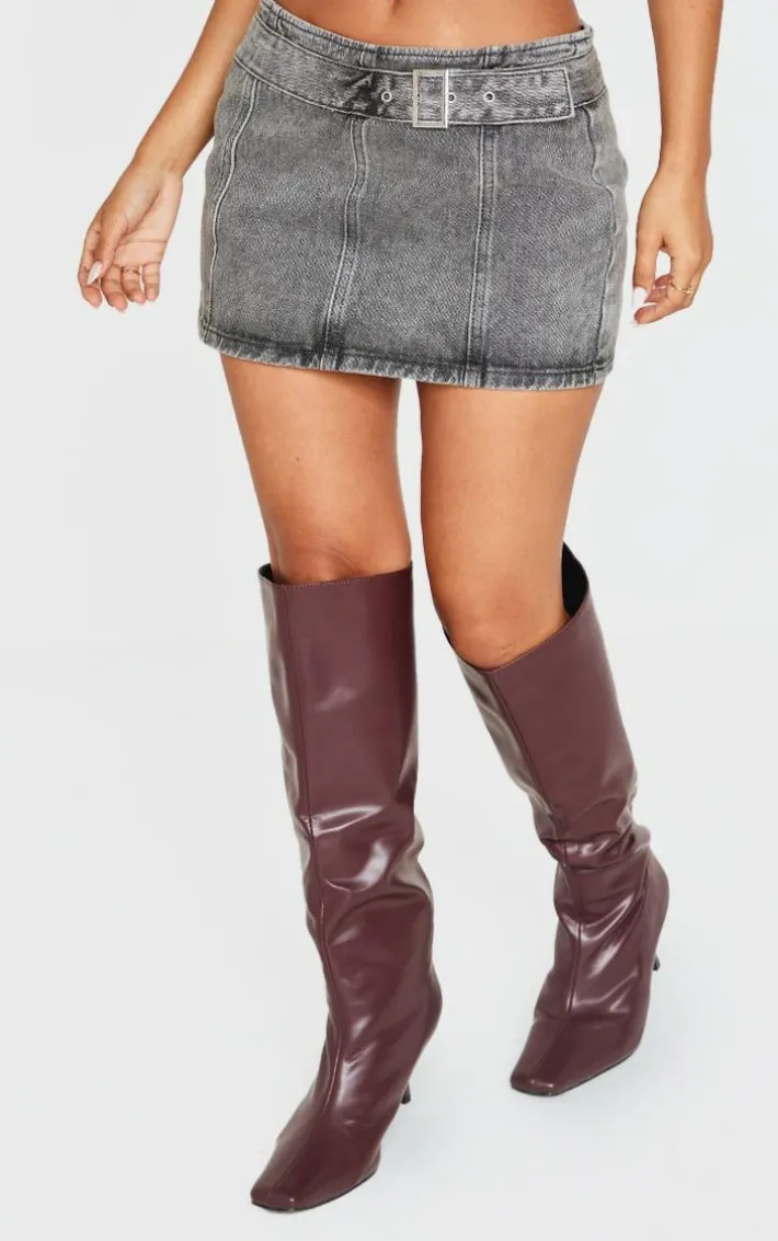 Petite Grey Acid Wash Denim Buckle Detail Mini Skirt