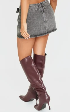 Petite Grey Acid Wash Denim Buckle Detail Mini Skirt