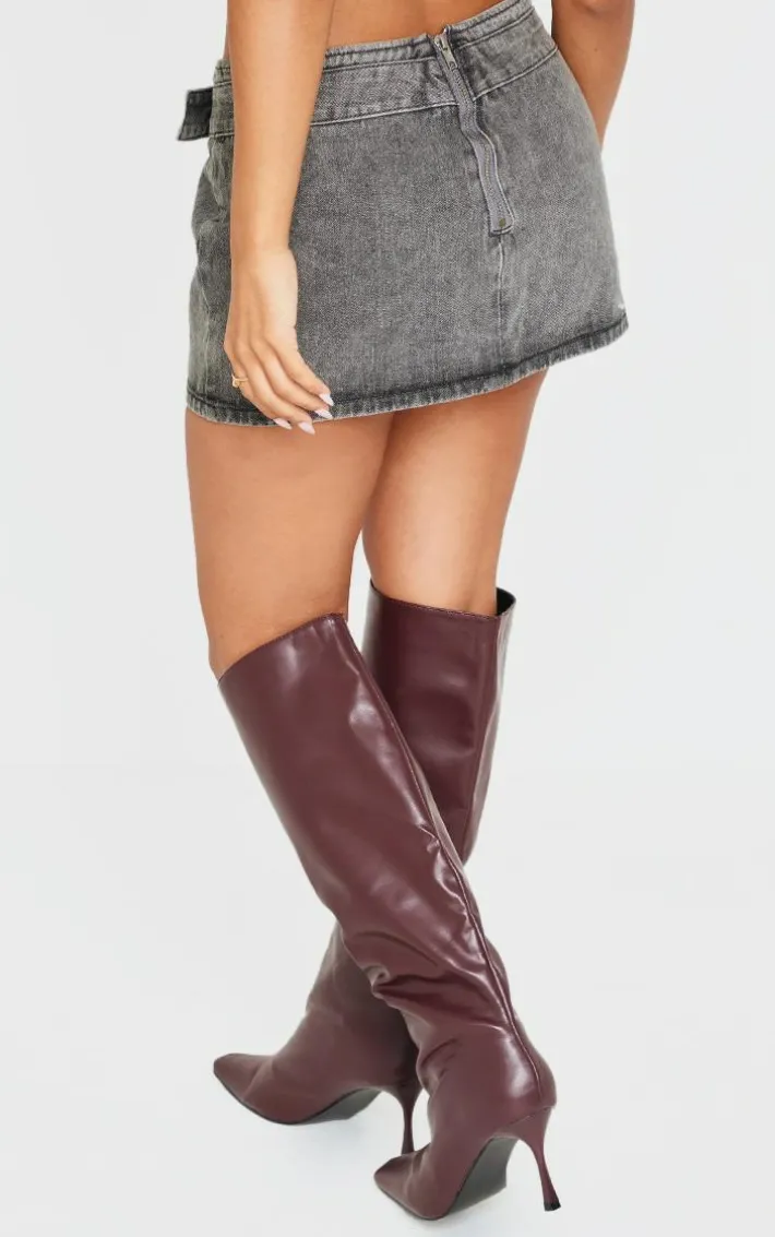 Petite Grey Acid Wash Denim Buckle Detail Mini Skirt