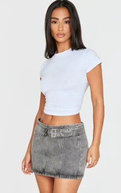 Petite Grey Acid Wash Denim Buckle Detail Mini Skirt