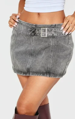 Petite Grey Acid Wash Denim Buckle Detail Mini Skirt