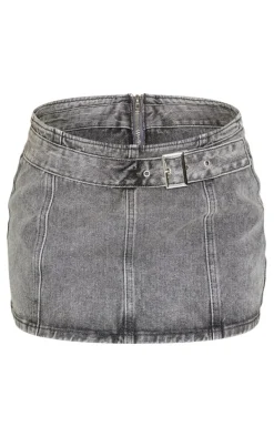 Petite Grey Acid Wash Denim Buckle Detail Mini Skirt