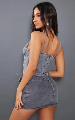 Petite Grey Acid Wash Denim Lace Up Corset