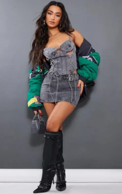 Petite Grey Acid Wash Denim Lace Up Corset