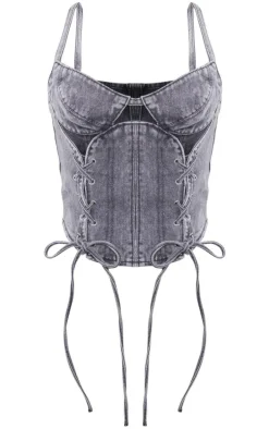 Petite Grey Acid Wash Denim Lace Up Corset