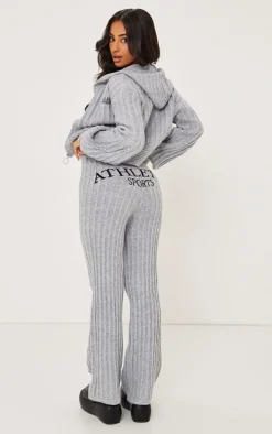 Petite Grey Athletic Sport Embroidered Knit Flared Pants