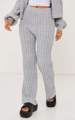 Petite Grey Athletic Sport Embroidered Knit Flared Pants