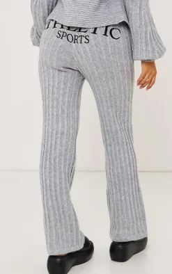 Petite Grey Athletic Sport Embroidered Knit Flared Pants