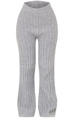 Petite Grey Athletic Sport Embroidered Knit Flared Pants