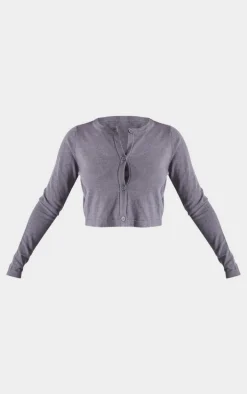 Petite Grey Basic Fine Knit Button Up Cropped Cardigan