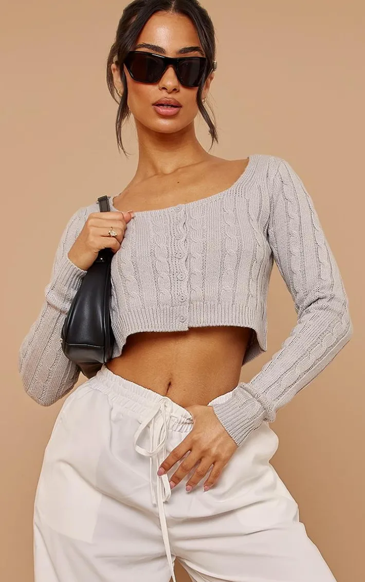 Petite Grey Button Up Cropped Cardigan