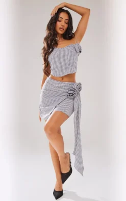 Petite Grey Checked Rose Detail Corset Top