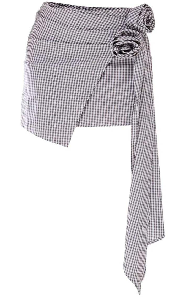 Petite Grey Checked Rose Detail Mini Skirt