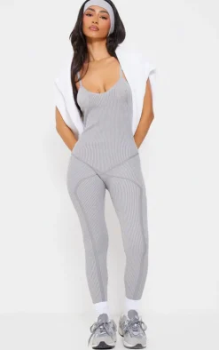Petite Grey Contrast Knit Strappy Jumpsuit